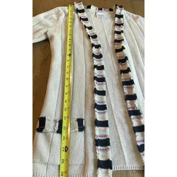 CHANEL Cashmere Cardigan 36 Small S Long Sweater Fringe Striped Front 2 Pockets - Picture 9 of 11